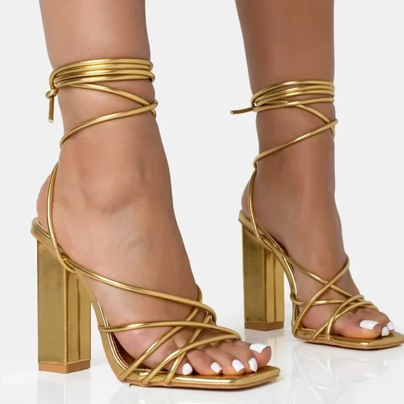 Public Desire Shoes Gold Strappy Sandal Heels Laceup Heels